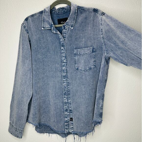 Rails Blue Acid Wash Ingrid Denim Button Collared Raw Hem Long Sleeve Shirt L - Picture 3 of 13